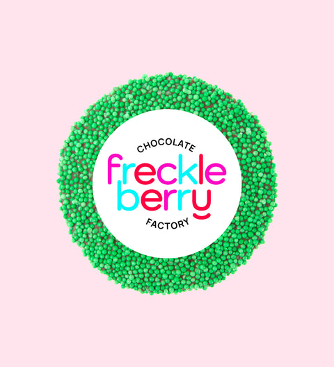 Premium Belgian chocolate topped with vibrant green sprinkles – a fun and tasty treat for any occasion.