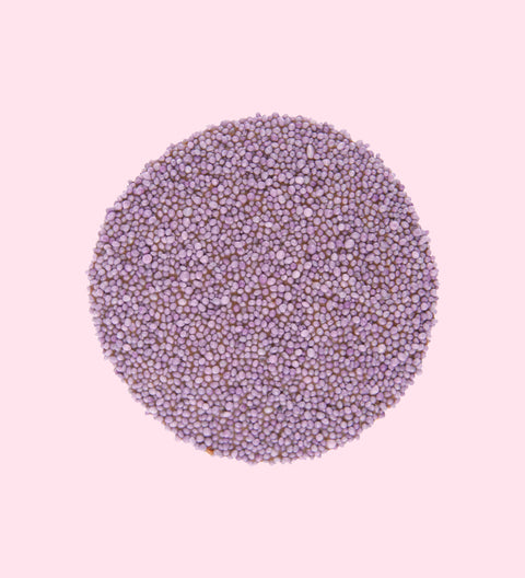 Creamy Belgian chocolate (in 3 variants - milk, dark or white) covered with purple freckles/sprinkles.