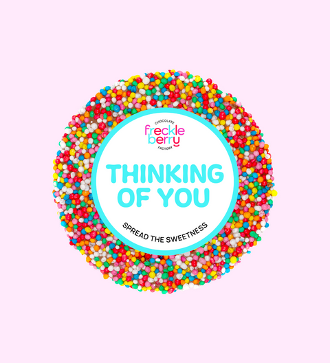 40g Belgian chocolate freckle with colourful multi freckles or sprinkles with Thinking of You sticker/label