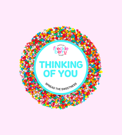 40g Belgian chocolate freckle with colourful multi freckles or sprinkles with Thinking of You sticker/label