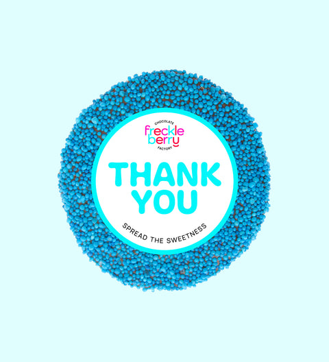 Creamy premium Belgian milk chocolate topped with vibrant blue sprinkles with "Thank You" Label/design, a sweet way to say thanks and show appreciation.