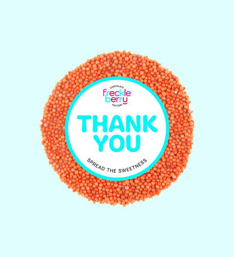 Creamy premium Belgian milk chocolate topped with vibrant orange sprinkles with "Thank You" Label/design, a sweet way to say thanks and show appreciation.