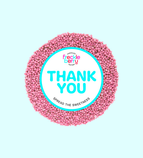 Creamy premium Belgian milk chocolate topped with vibrant pink sprinkles with "Thank You" Label/design, a sweet way to say thanks and show appreciation.