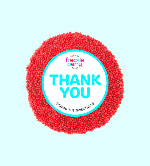 Creamy premium Belgian milk chocolate topped with vibrant red sprinkles with "Thank You" Label/design, a sweet way to say thanks and show appreciation.