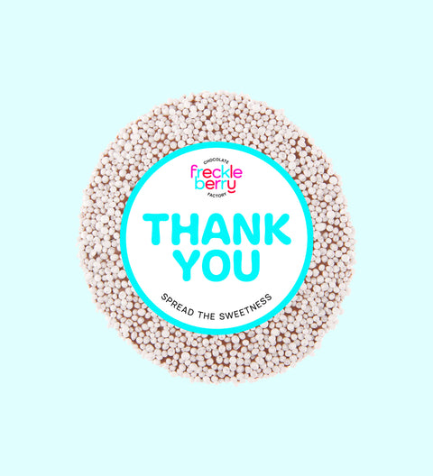 Creamy premium Belgian milk chocolate topped with vibrant white sprinkles with "Thank You" Label/design, a sweet way to say thanks and show appreciation.