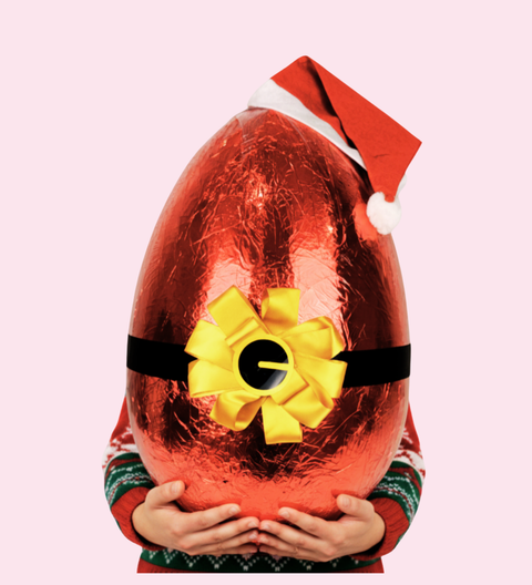 A luxurious Belgian milk chocolate santa egg wrapped in vibrant red foil packaging, perfect for an indulgent and show-stopping Christmas gift.
