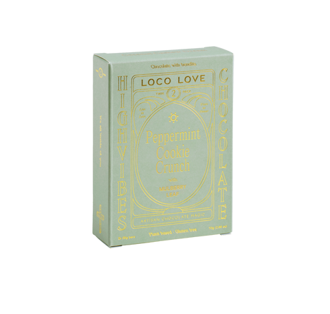 A mint green rectangular box of Loco Love Peppermint Cookie Crumb chocolate with walnuts, featuring gold foil lettering, shown on a plain white background.
