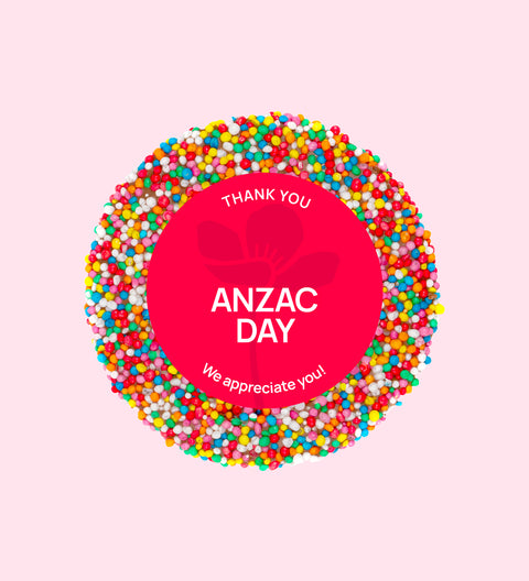 Handmade Belgian chocolate (available in 3 variants - dark, milk or white) topped with colourful multi sprinkles with "ANZAC Day" design/label - perfect to commemorate the courage of ANZAC soldiers.