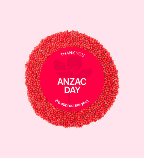 Handmade Belgian chocolate (available in 3 variants - dark, milk or white) topped with vibrant red sprinkles with "ANZAC Day" design/label  - perfect to commemorate the courage of ANZAC soldiers.