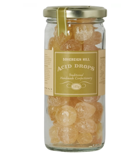 Sovereign Hill Acid Drops in a classic jar – tangy citrus boiled lollies with a sweet and sour twist. A bright, nostalgic treat.