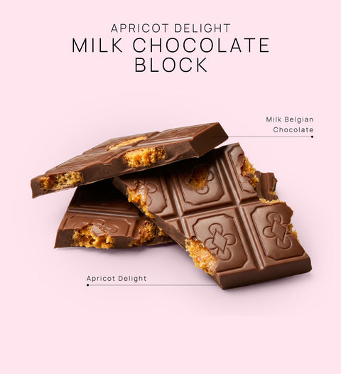 Premium Belgian milk chocolate filled with sweet apricot delight pieces.