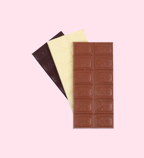 Premium plain Belgian chocolate blocks (available in 3 variants - dark, milk or white), perfect for gifting and holiday celebrations.