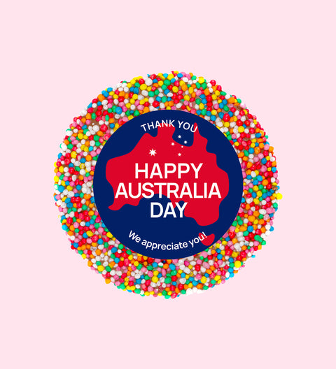 Creamy Belgian chocolate (available in 3 variants - dark, milk or white) topped with colourful multi sprinkles and wrapped with "Happy Australia Day" design/label - the perfect treat to celebrate Aussie pride.