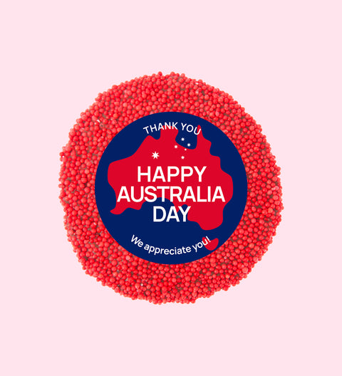 Creamy Belgian chocolate (available in 3 variants - dark, milk or white) topped with colourful red sprinkles and wrapped with "Happy Australia Day" design/label - the perfect treat to celebrate Aussie pride.