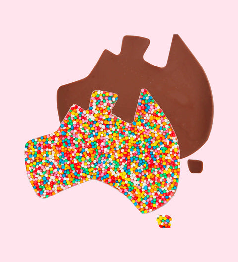 Premium Belgian milk chocolate Australia map shape (available in freckle and plain chocolate) topped with colourful sprinkles – a delicious tribute to down under. 