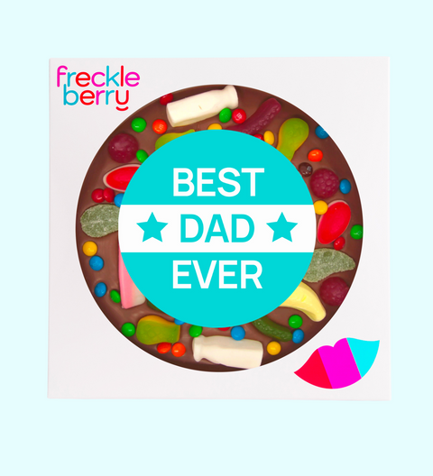 Festive chocolate candy arrangement with 'Best Dad Ever' text and Freckle Berry logo.