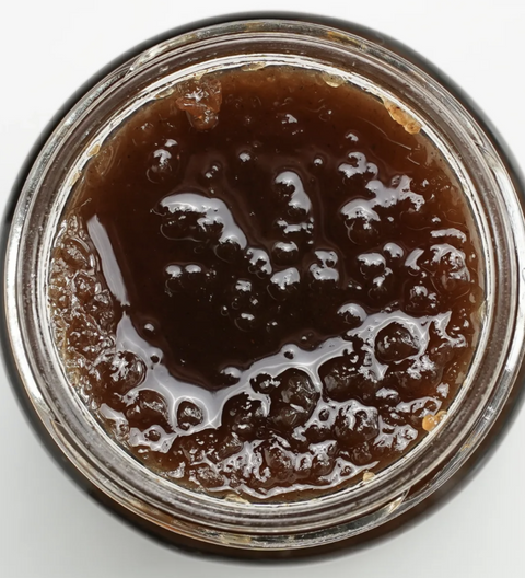 Close-up of a jar with pear paste homemade and yummy
