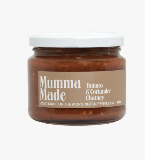 Jar of 'Mumma Made' Tomato & Coriander Chutney on a white background
