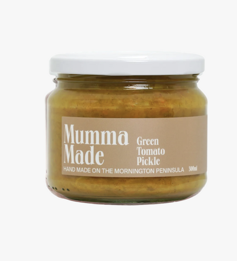 Jar of 'Mumma Made' green tomato pickle on a white background