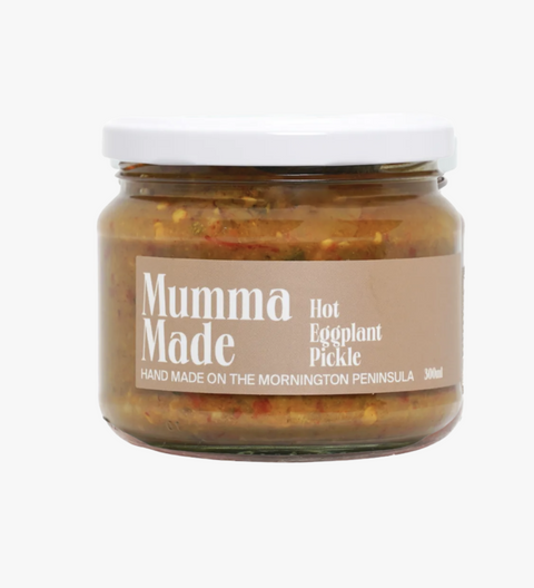 Jar of 'Mumma Made' hot eggplant pickle on a white background