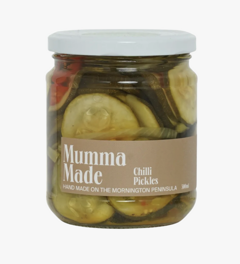 Jar of 'Mumma Made' Chilli Pickles on a white background
