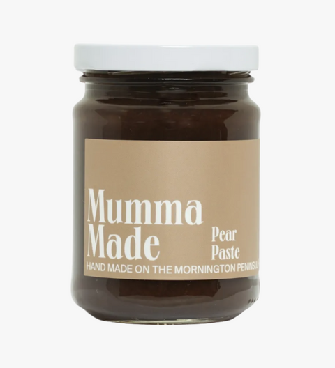 Jar of 'Mumma Made' pear paste on a white background