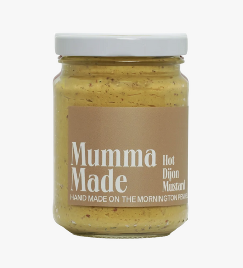 Jar of 'Mumma Made' Hot Dijon Mustard on a white background