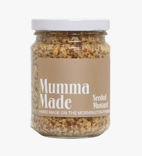 Jar of 'Mumma Made' seeded mustard on a white background