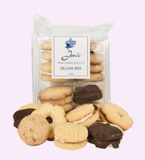 Packaged Jen's Traditional Biscuits Deluxe Mix on a light purple background