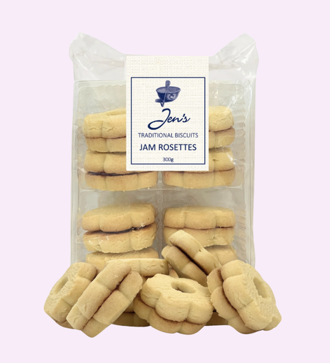 Packaged cookies with a label on a light purple background
