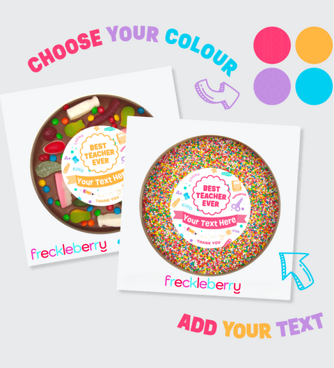 Personalised giant Belgian chocolate lolly pizza with Best Teacher Ever custom label
