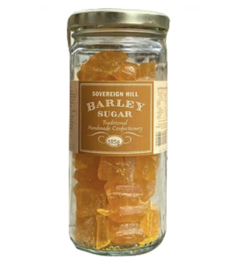 Sovereign Hill Barley Sugar Boiled Lollies in a classic jar – smooth, golden sweetness with nostalgic charm. A timeless gift or treat.