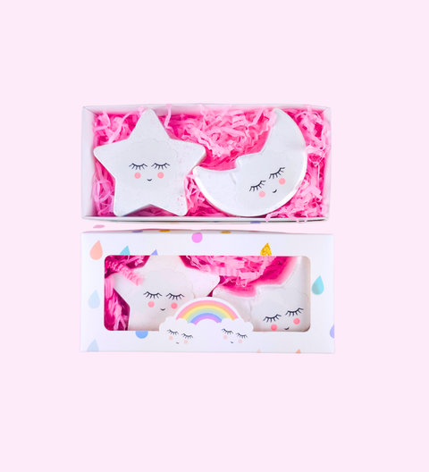 Bath Bomb Gift Set featuring moon and star designs. Infused with soothing fragrances, they’re the perfect gift for a luxurious and calming bath experience.