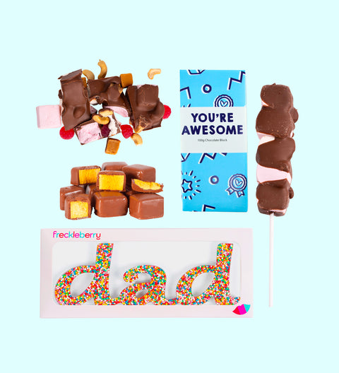 Best Dad Ever Gift Box, filled with premium Belgian chocolate treats – a delicious way to show your love and appreciation. Inclusions:

“You’re Awesome” Milk Chocolate Block
Milk Rocky Road
200g Chocolate Honeycomb
Marshmallow Pop
Chocolate “Dad” Word