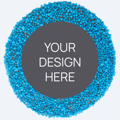A custom product featuring a single round confectionery item with a colorful sprinkled border and a blank space in the center for a custom label, displayed alongside a selection of other colored sprinkles.