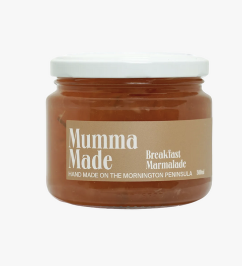 Jar of Mumma Made Breakfast Marmalade on a white background
