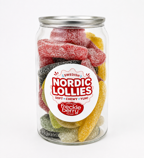 A clear glass jar filled with assorted Swedish Nordic Lollies sour gummy candies, featuring a white circular label with red and blue text and a silver metal lid, set against a plain white background.