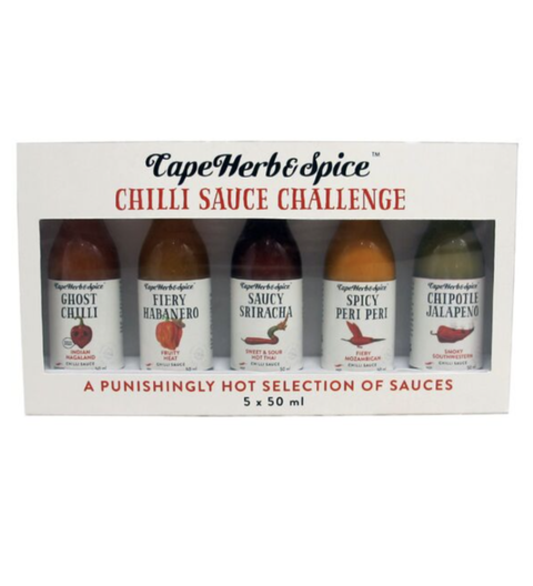 Cape Herb & Spice Chilli Sauce Challenge with 5 hot sauces. A fiery gift set for chilli lovers featuring bold flavours and serious heat.