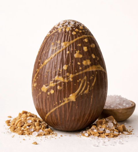 Caramel crunch and Murray River salt Belgian milk chocolate Easter egg, shown out of the box