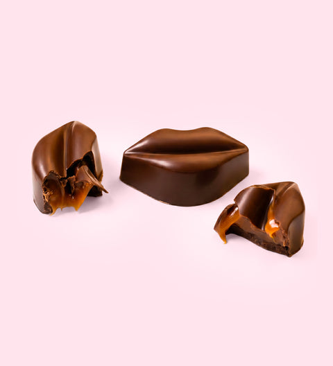 Premium Belgian chocolate lips filled with smooth gooey caramel. The perfect gift for someone special or a delicious treat for yourself. 