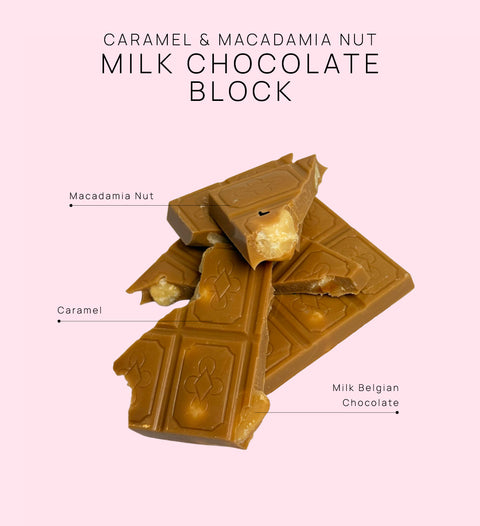 Premium belgian milk chocolate with caramel and macadamia nut block with flaked almonds and gooey caramel. 