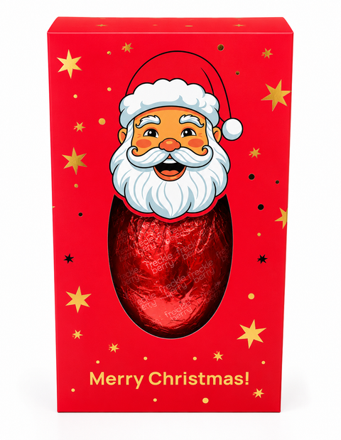 A red Christmas-themed gift box with a cartoon Santa face and a large oval cutout showing a wrapped red chocolate egg inside. The box is decorated with gold stars and the text 'Merry Christmas!' at the bottom.