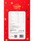 The back of a red Freckle Berry Factory chocolate box, featuring gold star graphics and a large white panel with nutritional information, a QR code, and a barcode.