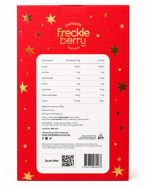 The back of a red Freckle Berry Factory chocolate box, featuring gold star graphics and a large white panel with nutritional information, a QR code, and a barcode.