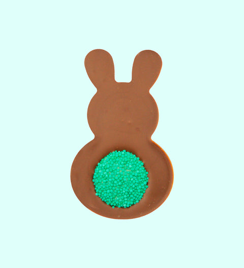 Chocolate Bunny featuring a colourful freckle tail, made from premium Belgian chocolate. A delicious and playful treat for all ages.