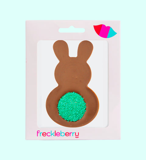Chocolate Bunny featuring a colourful freckle tail, made from premium Belgian chocolate. A delicious and playful treat for all ages.