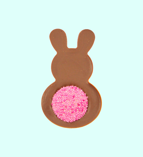 Chocolate Bunny featuring a colourful freckle tail, made from premium Belgian chocolate. A delicious and playful treat for all ages.