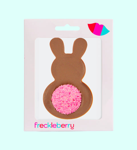 Chocolate Bunny featuring a colourful freckle tail, made from premium Belgian chocolate. A delicious and playful treat for all ages.