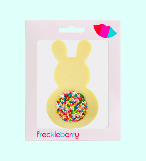 Chocolate Bunny featuring a colourful freckle tail, made from premium Belgian chocolate. A delicious and playful treat for all ages.