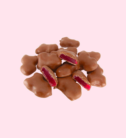 Chocolate Coated Raspberry Frogs - whole and sliced